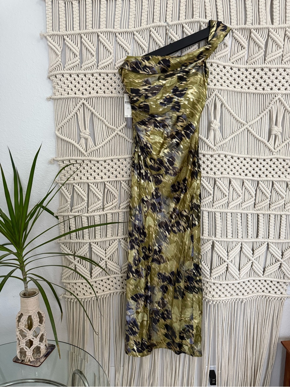 Anthropologie One-Shoulder Olive and Black Abstract Print Midi Dress